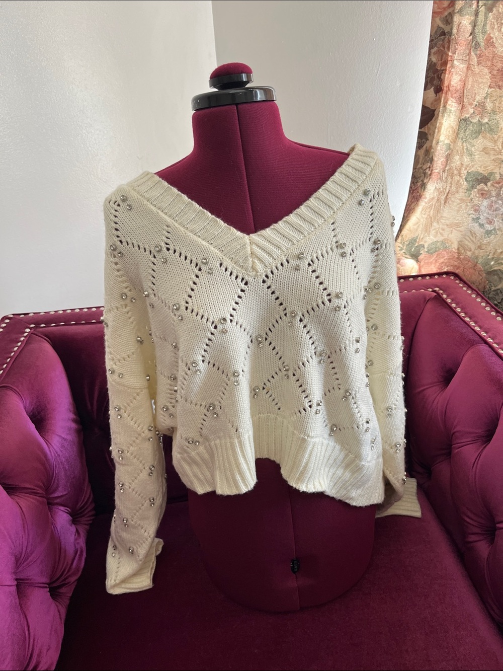 Forever 21 Cream V-Neck Rhinestone front/back Beaded Open-Knit Sweater Size XL